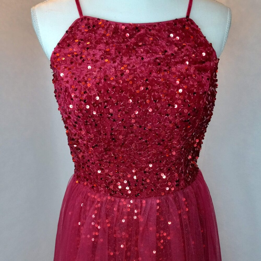 Red Velvety Type Sequin Tulle Holiday Sleeveless floor length Prom Dress S 8